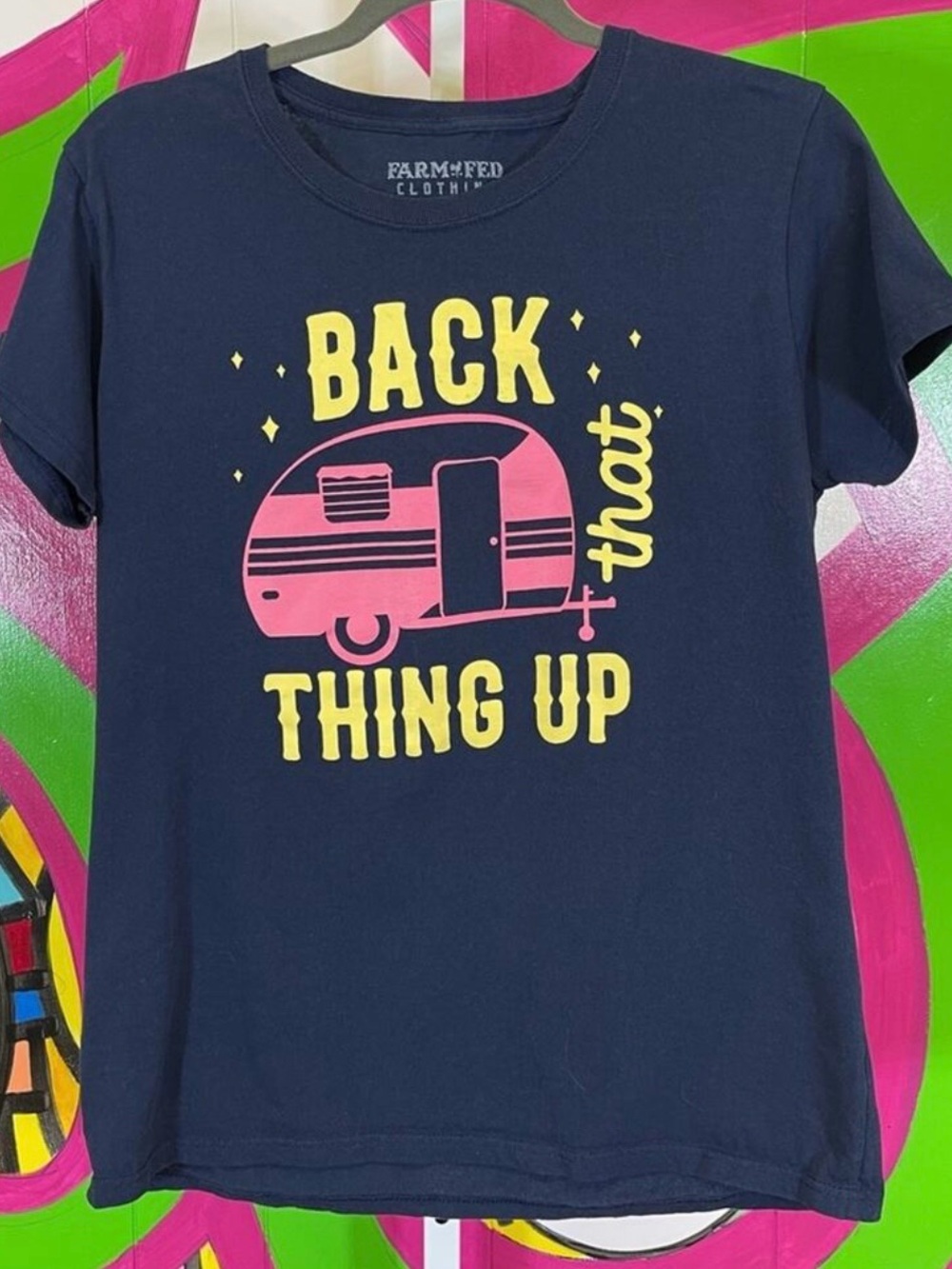 Farm-Fed Back That Thing Up Camping Graphic Tee - Navy, Pink & Yellow